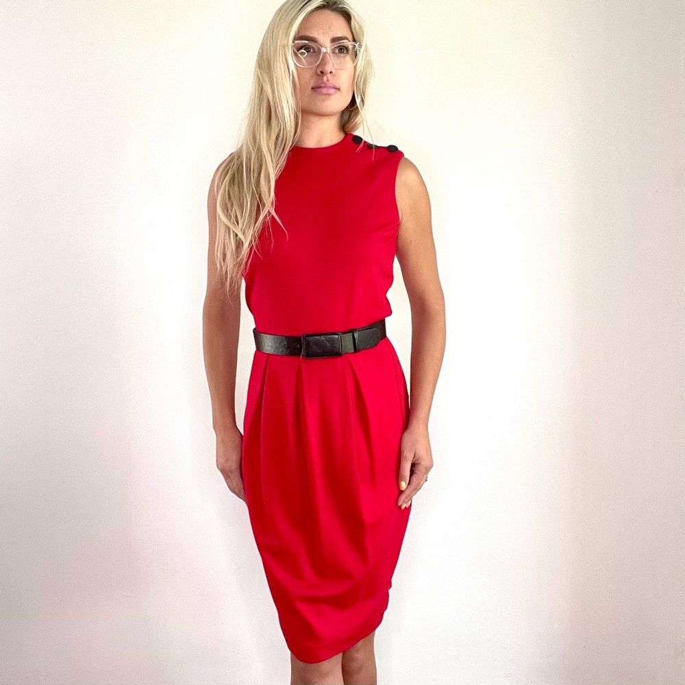 Calvin Klein Red Dress w/Black Buttons on Shoulder